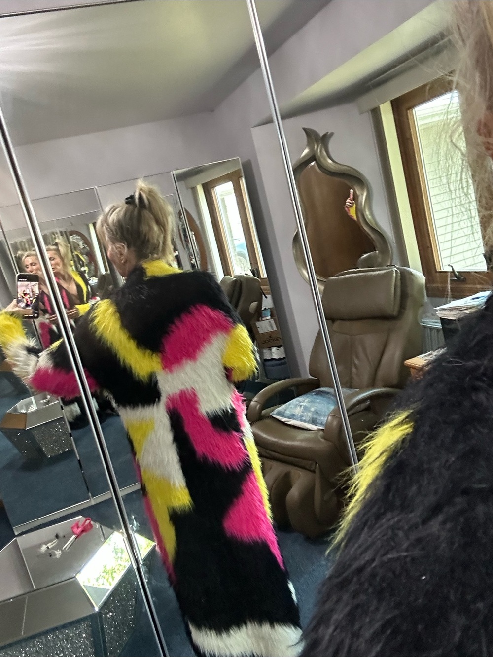 AKIRA Colorblock Faux Fur Long Coat - Black, White, Pink & Yellow